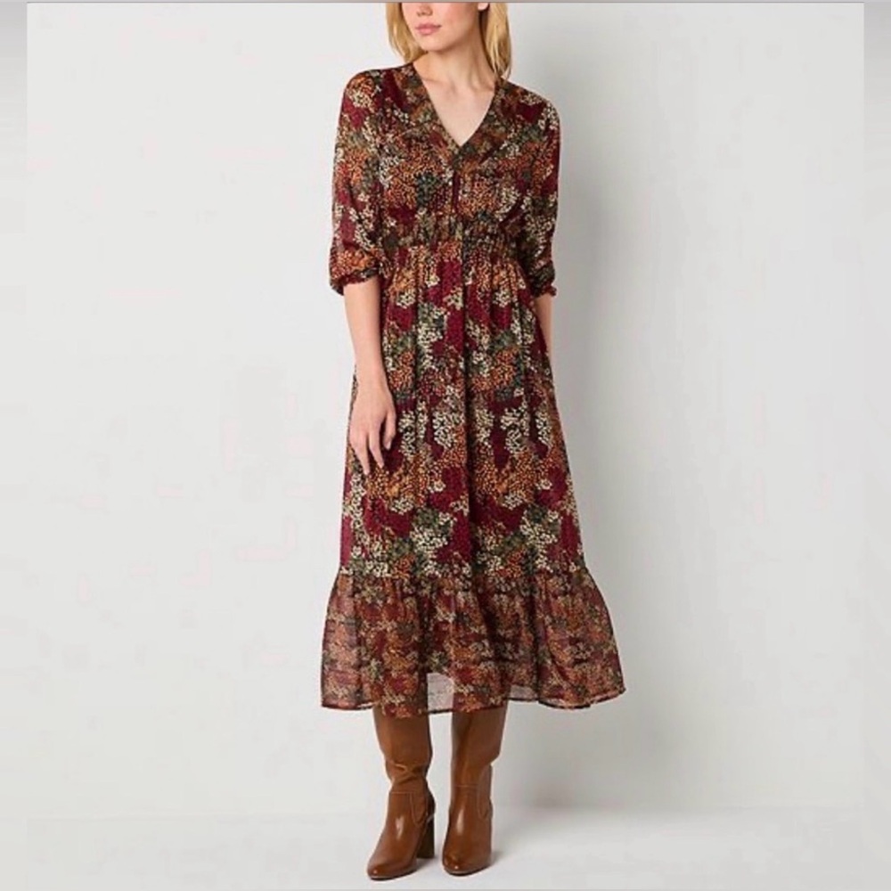 Frye Womens XL Floral V-Neck Smocked Waist Tiered Midi Dress Burgundy Orange